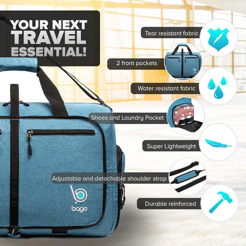 Bago Large Foldable Duffel Bags for Traveling Women & Men - 80L Packable Duffle Bag for Travel with Shoe Compartment - Water Repellant, Heavy Duty, Lightweight Folding & Collapsible (SnowBlue) - Image 2